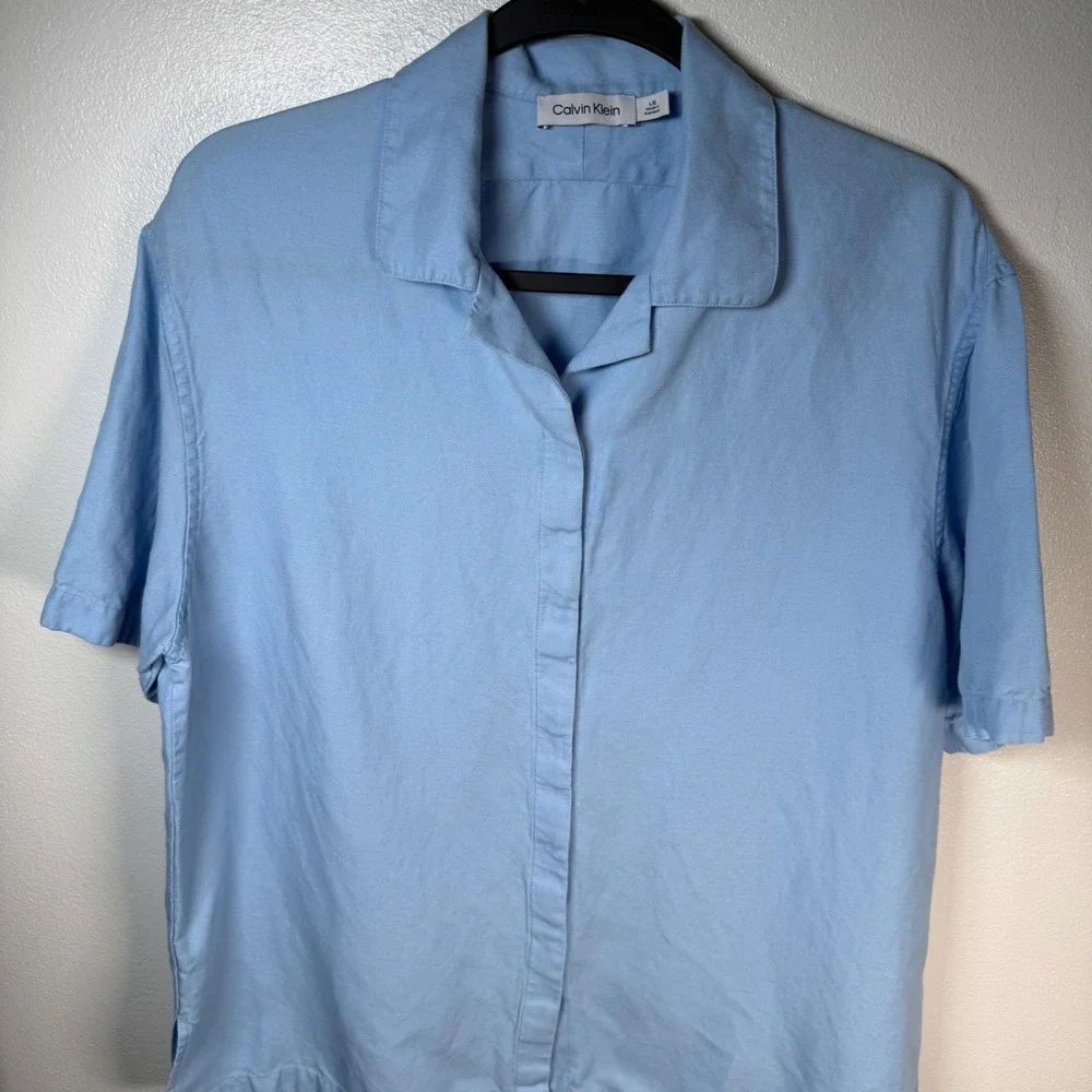 Calvin Klein Luxe Linen Cotton Blend Hidden Placket‎ Camp Shirt M Large Coastal